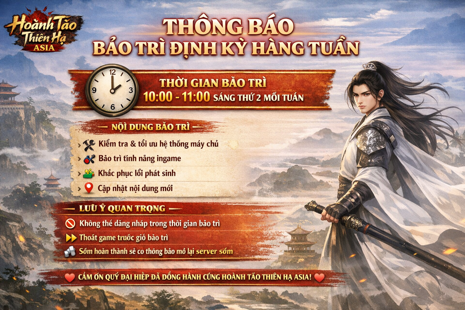 Thông báo bảo trì định kỳ hàng tuần Hoành Tảo Thiên Hạ Asia